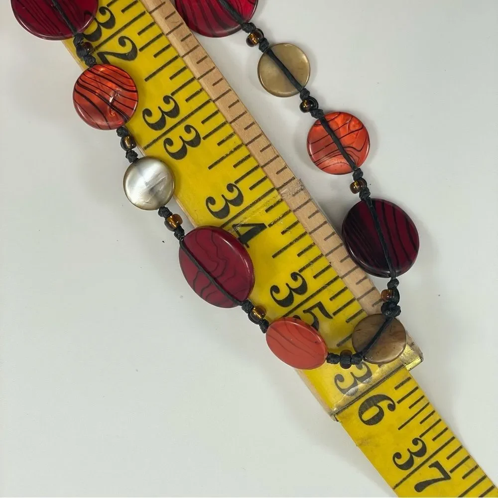 Red Mother of Pearl Disc Knotted Corded Boho Necklace Statement Long
